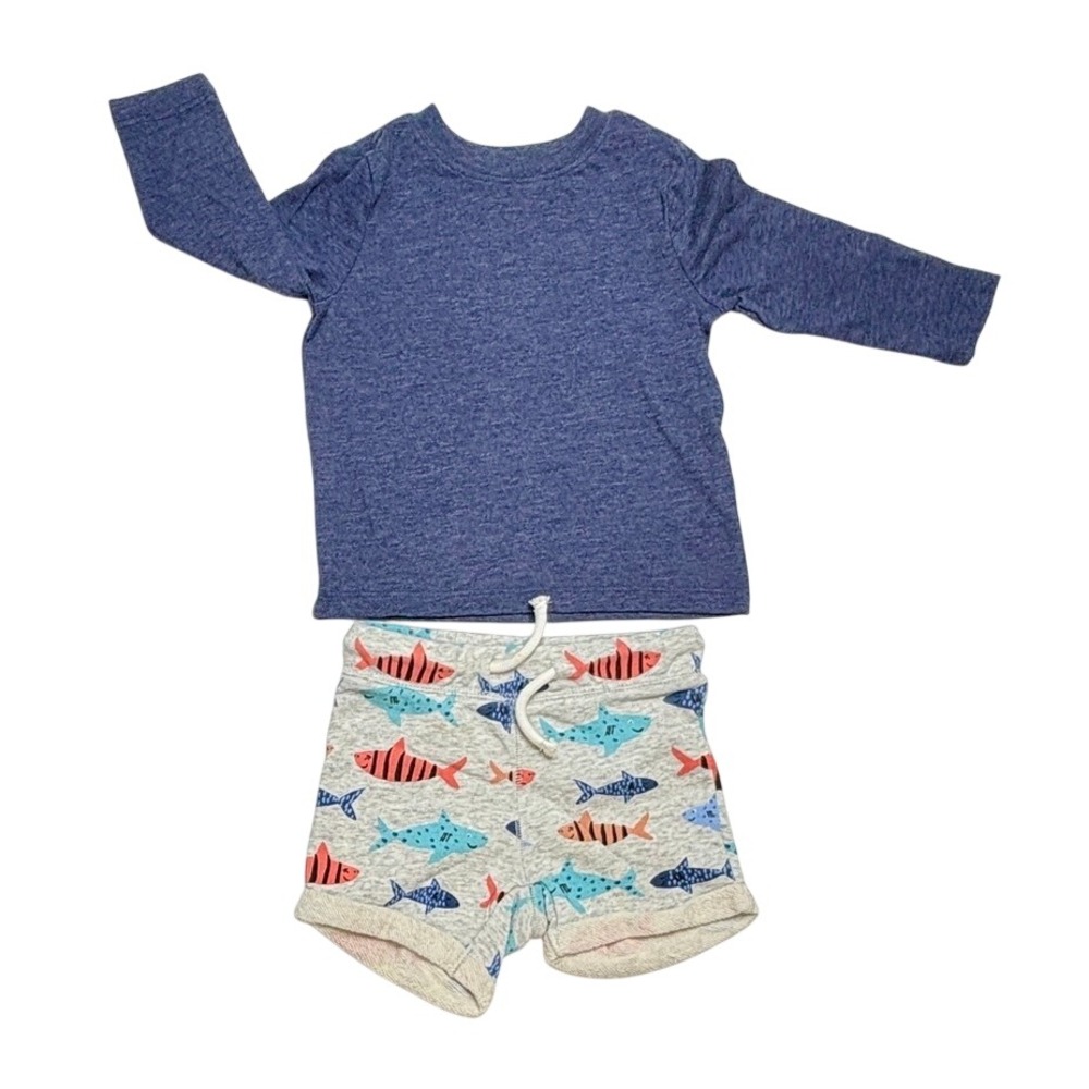 Old Navy Basic Blue LS T-Shirt + HM Fish Knit Shorts Casual Fun 12-18 months